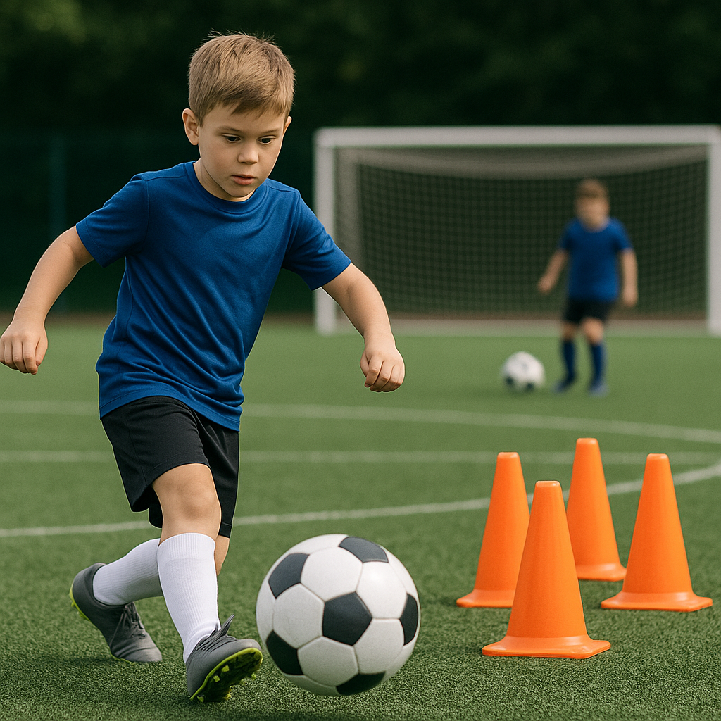 Spaß mit Fußballkegeln, Dreiecken und Fernschuss-Spiel