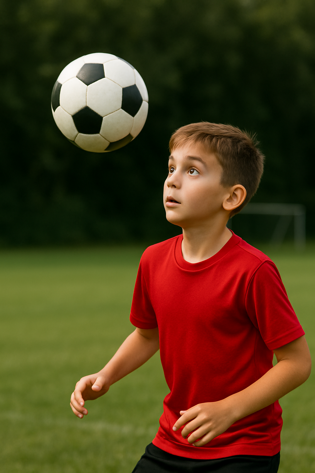 Ein neunjähriger Junge im roten Fußballtrikot blickt konzentriert auf einen Ball, der in der Luft auf ihn zufliegt, und bereitet sich darauf vor, ihn mit dem Kopf zu spielen.