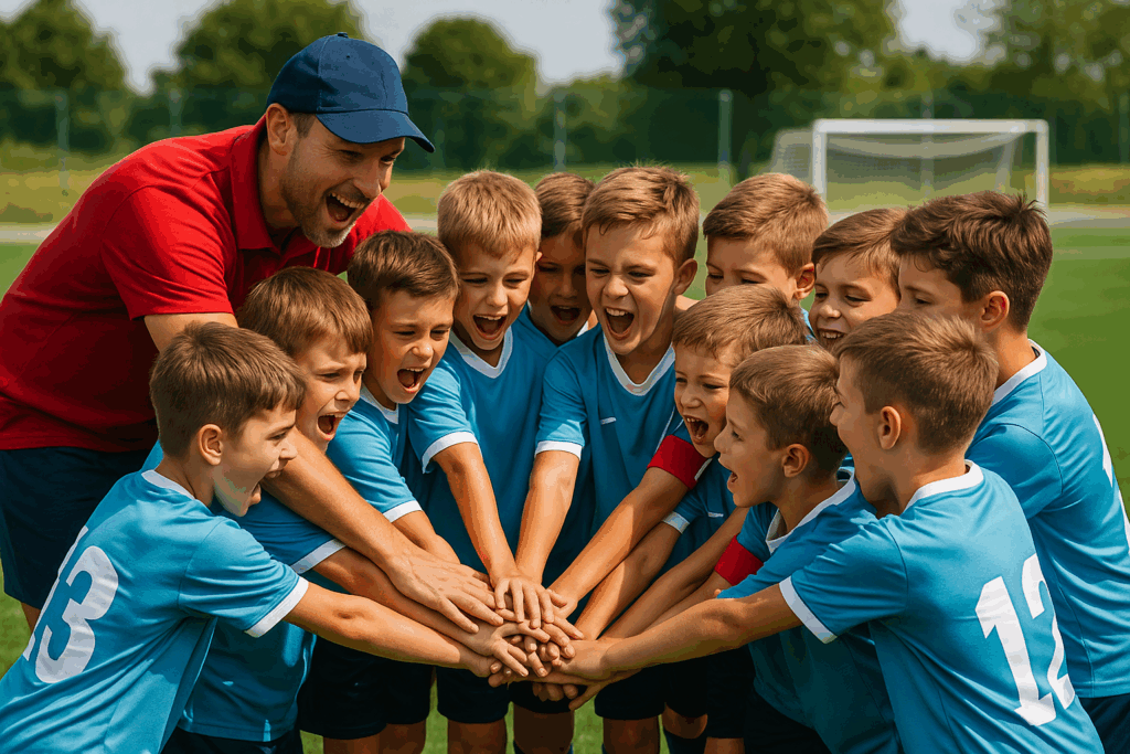 Ein Kinderfußball-Team mit etwa zwölf Jungen im Alter von neun Jahren steht eng im Kreis auf dem Spielfeld. Der Trainer in rotem Shirt und blauer Kappe beugt sich dazu, alle legen die Hände übereinander und rufen ihren Teamgruß.