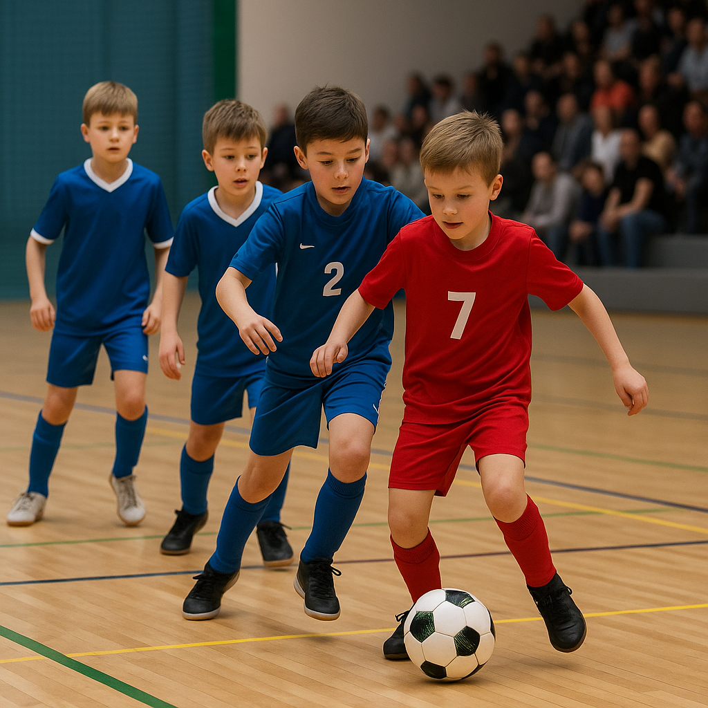Vier etwa neunjährige Kinder spielen Hallenfußball. Ein Spieler im roten Trikot mit der Nummer 7 dribbelt den Ball, während drei Gegner in blauen Trikots versuchen, ihn zu stoppen. Im Hintergrund sitzen Zuschauer auf der Tribüne.