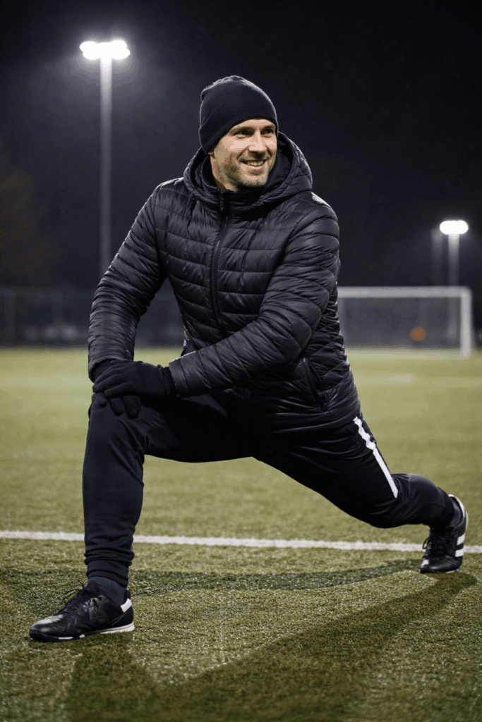 Trainer macht Ausfallschritt Dehnung auf Fußballplatz bei Kälte, nachts unter Flutlicht mit Jacke, Mütze und Handschuhen.